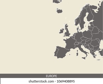 Europe map outline vector illustration in gray background. Borders of all countries are included on this map.