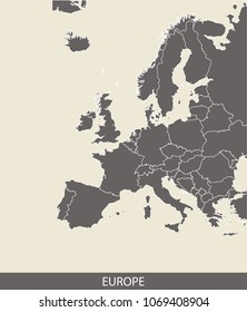 Europe map outline vector illustration in gray background. Borders of all countries are included on this map.