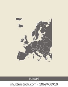 Europe map outline vector illustration in gray background. Borders of all countries are included on this map.