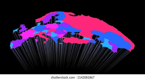 Europe map from particles. Wave of data from nodes. 3d sea flowing over dark. Colorful counties lights. Vector banner for conference globe background. Beautiful stream shapes by glowing dots.