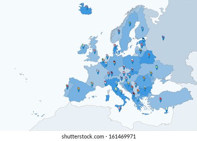 Europe map with pin flags in editable vector file