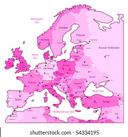 Europe map of pink colors. Names, town marks and national borders are in separate layers. Vector illustration.