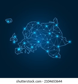 Europe map with polygonal glowing shapes. World map linear continent with lighting dots. Europe continent with triangular line elements. Vector isolated on blue gradient background. 