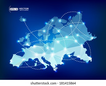 Europe map polygonal with spot lights places