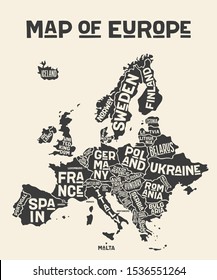 Europe, map. Poster map of the Europe with country names. Print map of Europe for web and polygraphy on business, economic, political, geography themes. Vector Illustration