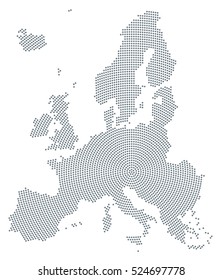 Europe Map Radial Dot Pattern. Gray Dots Going From The Center Outwards And Form The Silhouette Of The European Union Area. Illustration On White Background. Vector.