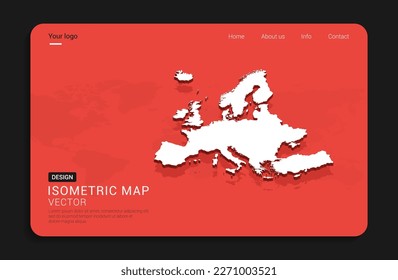 Europe map red isolated on dark background with 3d world map isometric vector illustration.