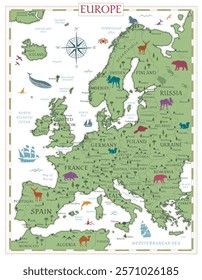 Europe Map Retro Vintage Ancient Cartoon - stock vector colored illustration with layers