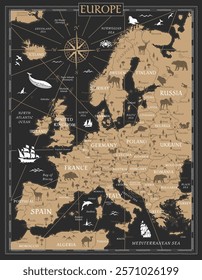Europe Map Retro Vintage Ancient Cartoon - stock vector colored illustration with layers in black and golden colors
