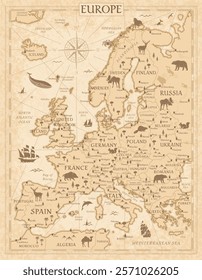 Europe Map Retro Vintage Ancient Cartoon - stock vector colored illustration with layers in sepia colors