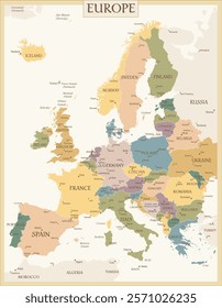 Europe Map Retro Vintage Ancient - stock vector colored illustration with layers