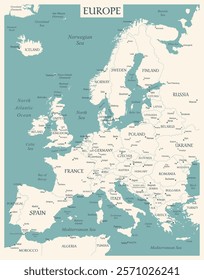 Europe Map Retro Vintage Ancient - stock vector blue green faded colored illustration with layers