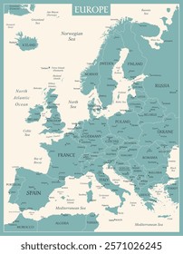 Europe Map Retro Vintage Ancient - stock vector blue green faded colored illustration with layers