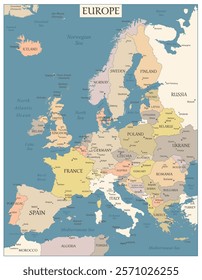 Europe Map Retro Vintage Ancient - stock vector colored illustration with layers
