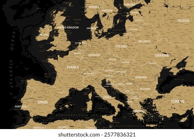 Europe Map Retro Vintage - stock vector colored illustration with layers in black and golden colors