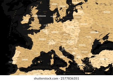 Europe Map Retro Vintage Topographic - stock vector colored illustration with layers in black and golden colors