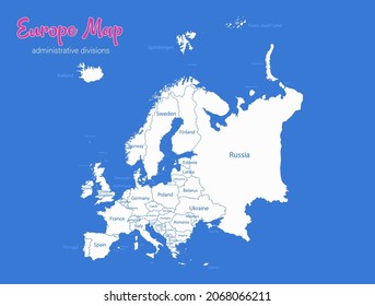 Europe map, separate states whit names, blue background, vector