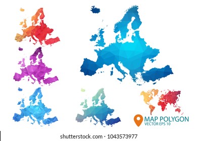 Europe Map - Set of geometric rumpled triangular low poly style gradient graphic background , Map world polygonal design for your . Vector illustration eps 10.