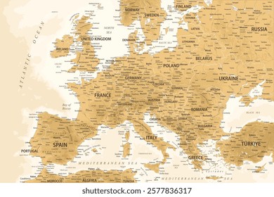 Europe Map Topographic Retro Vintage Ancient - stock vector golden colored illustration with layers