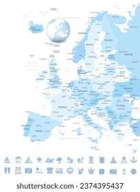 Europe map and Travel Flat Icons with Spotted Soft Blue Colors. Vector illustratition.