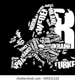 Europe Map in Typography word cloud concept, names of countries