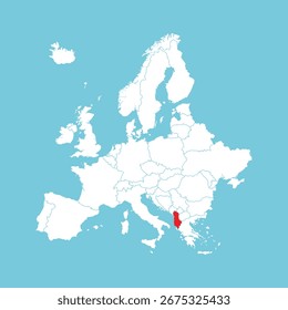 Mapa de Europa. Mapa de Europa del Vector con Albania resaltado en rojo, aislado sobre fondo azul.