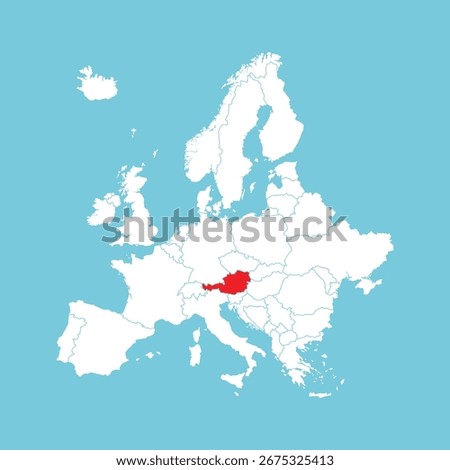 Europe map. Vector Europe map with Austria highlighted in red, isolated on blue background.