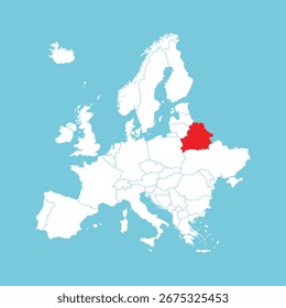 Mapa de Europa. Mapa de Europa del Vector con Bielorrusia resaltado en rojo, aislado sobre fondo azul.