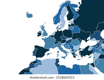 vetor do mapa da Europa. cor azul no fundo branco.mapa silhueta, fundo, geografia da terra, político, relatórios, cidade, infográfico, político, conceito, contorno.