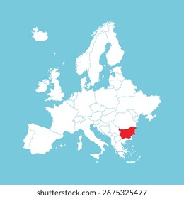 Mapa de Europa. Mapa de Europa del Vector con Bulgaria resaltado en rojo, aislado sobre fondo azul.