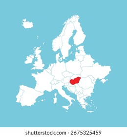 Mapa de Europa. Mapa de Europa del Vector con Hungría resaltado en rojo, aislado sobre fondo azul.