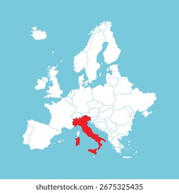 Mapa de Europa. Mapa de Europa del Vector con Italia resaltado en rojo, aislado sobre fondo azul.
