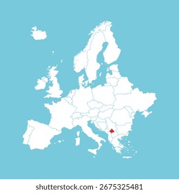 Mapa de Europa. Mapa de Europa del Vector con Kosovo resaltado en rojo, aislado sobre fondo azul.