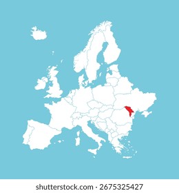 Mapa de Europa. Mapa de Europa del Vector con Moldavia resaltado en rojo, aislado sobre fondo azul.