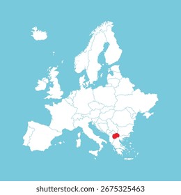 Mapa de Europa. Mapa del Vector de Europa con Macedonia del Norte resaltado en rojo, aislado sobre fondo azul.