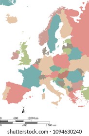 Europe map vector outline with scales of miles and kilometers and borders of European countries in colorful grunge background. Europe continent map with mileage and kilometer scales 
