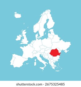 Mapa de Europa. Mapa de Europa del Vector con Rumania resaltado en rojo, aislado sobre fondo azul.