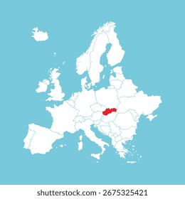 Mapa de Europa. Mapa de Europa del Vector con Eslovaquia resaltado en rojo, aislado sobre fondo azul.