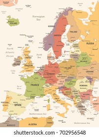 Europe Map - Vintage Detailed Vector Illustration