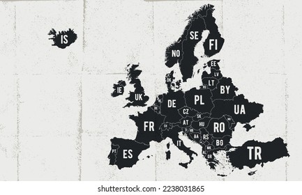 Europe map. Vintage Europe map with shortened state names. Poster of Europe map with old map texture. Vector illustration.