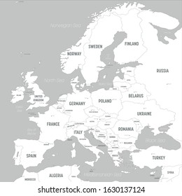 Europe map - white lands and grey water. High detailed political map of european continent with country, capital, ocean and sea names labeling.