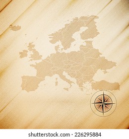 Europe map, wooden design background, vector illustration.