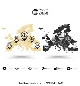 Europe map, wooden design texture, infographics vector illustration.