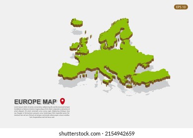 Europe Map - World map International vector template with isometric style including shadow, green and brown color isolated on white background for design - Vector illustration eps 10