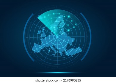 Mapa de Europa - Mapa Mundial Plantilla vectorial internacional con el estilo de radar de círculo futurista HUD, GUI, interfaz de interfaz de usuario aislada en fondo azul para diseño, infografía - Ilustración vectorial eps 10