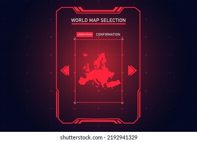 Europe Map - World Map International Vector Template With Red Color In Perspective Style And HUD, GUI, UI Interface Isolated On Black Background For Design - Vector Illustration Eps 10