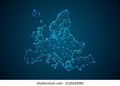 Mapa de Europa - Línea de máscaras del Mapa Mundial y escalas puntuales sobre fondo de tecnología azul. Malla 3D del marco de cables línea de red poligonal, esfera de diseño, punto y estructura - Ilustración vectorial eps 10