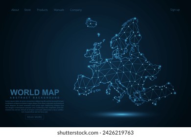 Mapa de Europa - Mapa del Mundo línea de masa y escalas de puntos sobre fondo azul de la tecnología. Línea de red poligonal de malla 3D de marco de alambre, esfera de diseño, punto y estructura - Ilustración vectorial eps 10