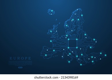 Europe Map - World map vector template with Abstract futuristic circuit board Illustration or High-tech technology mash line and point scales on dark background - Vector illustration ep 10 