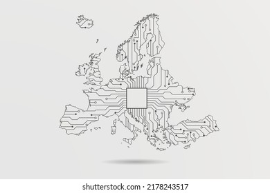 Mapa de Europa - Plantilla de vector de mapa mundial con placa de circuito futurista Resumen Ilustración o línea de mezcla de tecnología de alta tecnología y escalas de puntos sobre fondo blanco - Ilustración de vectores ep 10